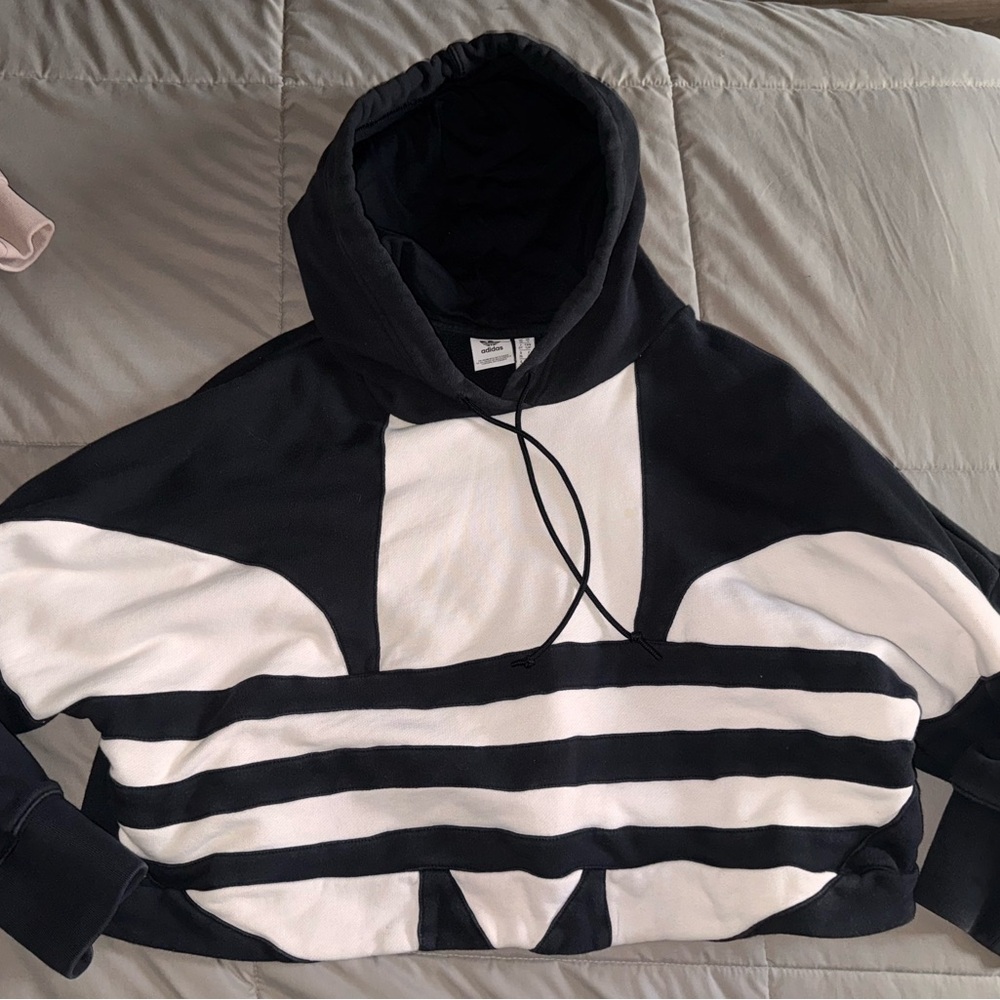 Adidas Women's Black and White Striped cropped Hoodie size small